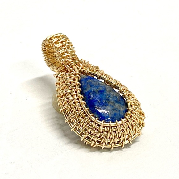 HANDMADE Genuine Lapis Lazuli Hand Wrapped in Gold Plated Wire Statement Pendant - Picture 3 of 10